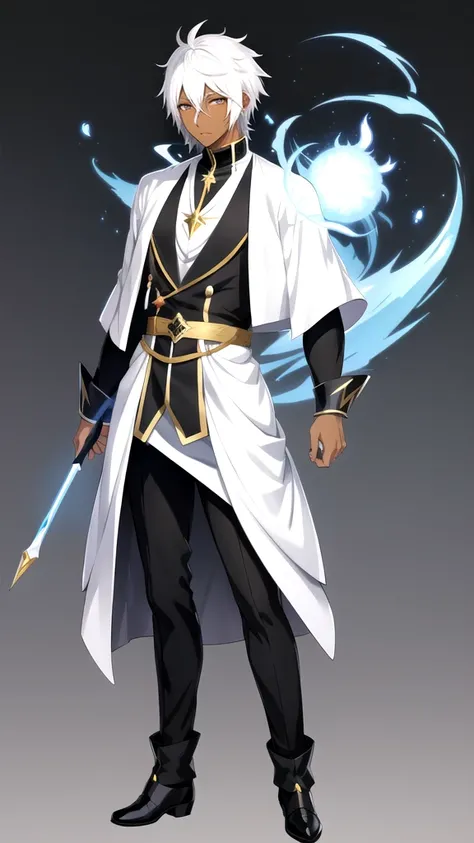 Anime style，Full body，male，dark skin，short black hair with some white hair，wizard，Minimalist white background