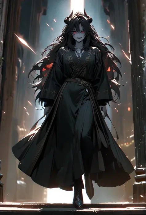 (solo), masculine, black hair, messy hair, mane hair, long hair, dense hair, wild hair, expressive hair, mature,(25 year old), pale skin, red eyes, ((man)), wearing a black robe, black demon horns,, Smiling and showing his fangs, handsome, attractive, eye ...