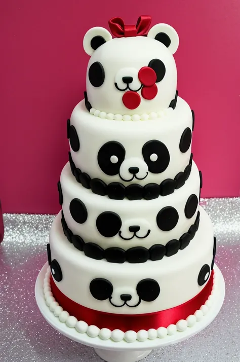 White candy with cherry and panda bear decorations, that the cake has glitter 