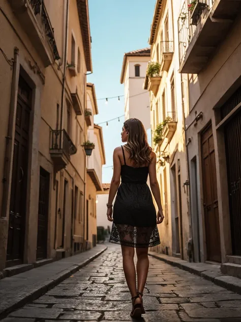 young woman with light brown wavy hair,black short sundress,walking through alley in croatia,back facing camera,intricate details,highly realistic,(best quality,4k,8k,highres,masterpiece:1.2),ultra-detailed,(realistic,photorealistic,photo-realistic:1.37),H...