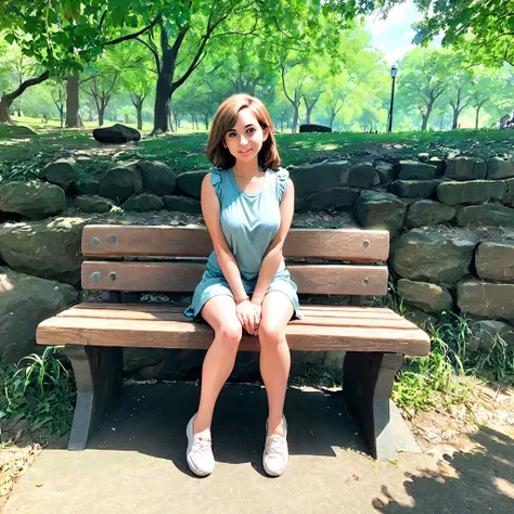 fred and wilma flintstone sitting on a stone bench in the park