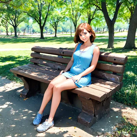 fred and wilma flintstone sitting on a stone bench in the park