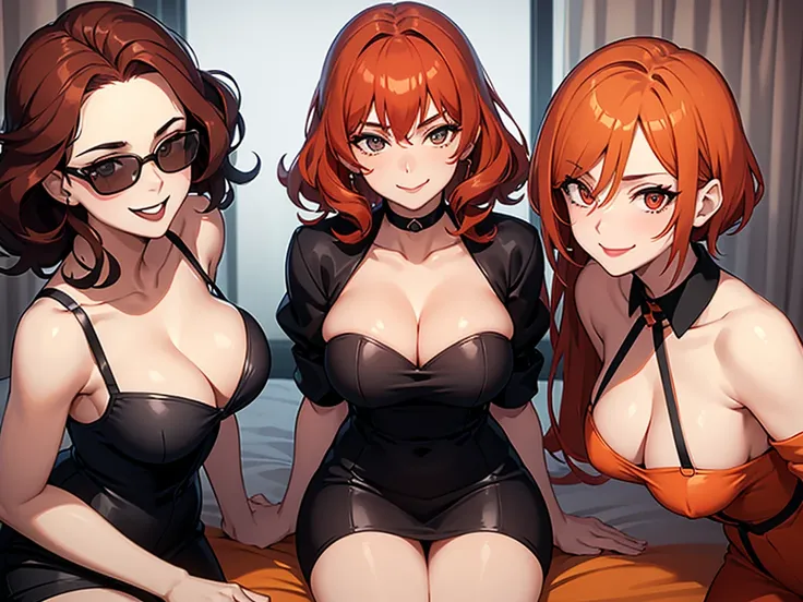 three sexy women in midwife outfits, flirtatious smiles, on bed, flirtatious smiles, close up faces portrait, sunglasses, black lipstick, short curly auburn, orange and red hair