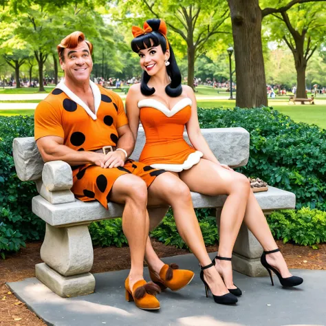 Fred and Wilma Flintstone sitting on a stone bench in the park