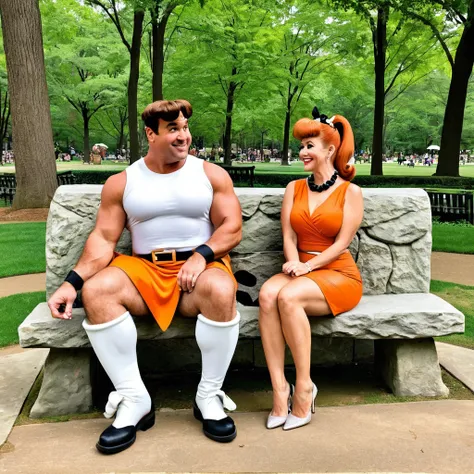 Fred and Wilma Flintstone sitting on a stone bench in the park