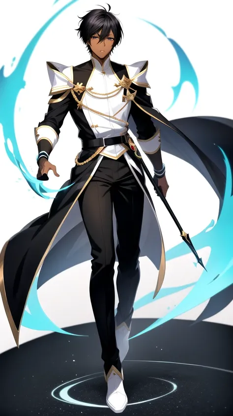 Anime style，Full body，male，dark skin，short black hair with few white hair，Dress sexy，wizard，Minimalist white background