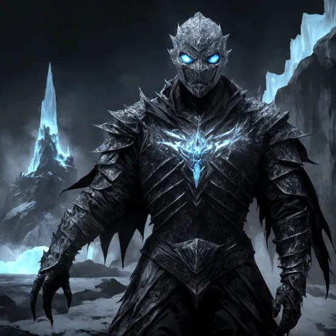 (extremely detailed 8k wallpaper), a medium shot photo of scary Grim dressed as a icey masked ice-supervillain in an armour made of icey glowing wires from marvel, theme, intricate, high detail, dramatic, old scary building with a huge iceberg in the backg...