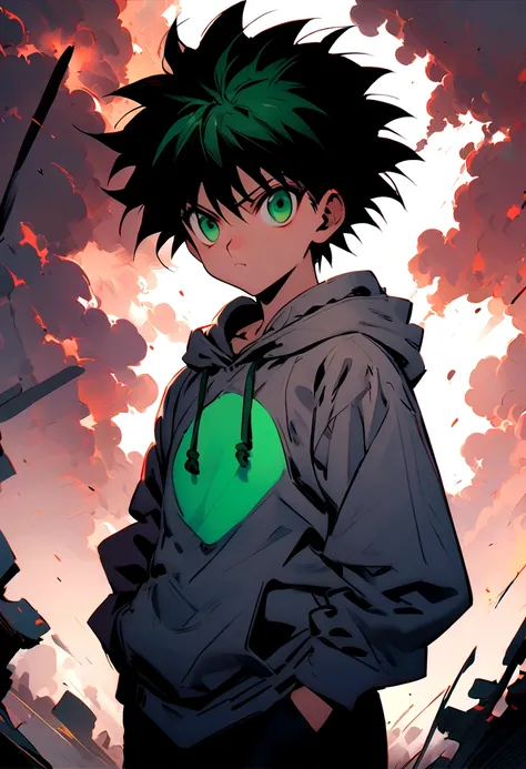 14 year old boy with black short mohawk hair and green eyes wearing a grey hoodie in hunter x hunter manga style