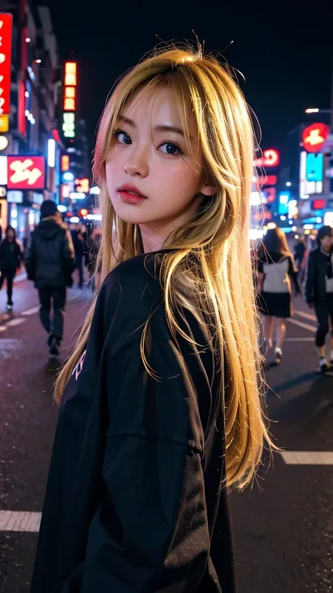 1girl, Tokyo street,night（Kabukicho,Shinjuku）, Hair color is blonde,,Wear street clothes,cityscape,city lights, upper body,close-up, 8K, RAW photo, best quality, masterpiece,realistic, photo-realistic,