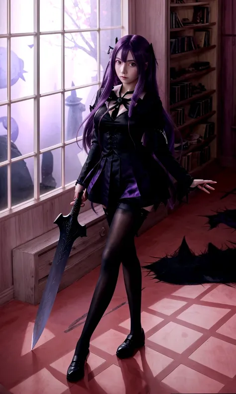 anime girl with purple hair holding a sword in a room, gapmoe yandere grimdark, anime girl hyperrealistic fanart, gapmoe yandere, commission for high res, !!full body portrait!!, anime style like fate/stay night, a hyperrealistic , fullbody commission for,...