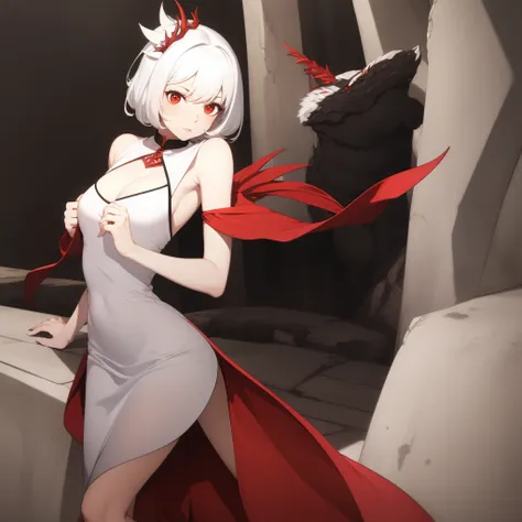 Dragon girl with white hair, red eyes and pale skin in a dress