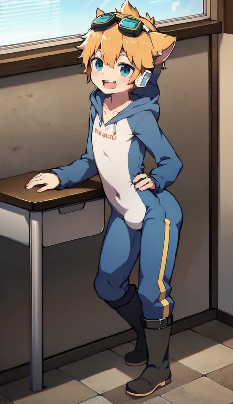 2D boy，One-piece mountaineering suit，trumpet，Cat ears，Put the headphones on your head，stand up，goggles，boots，Slim，Happy，Sailor collar，classroom，hood