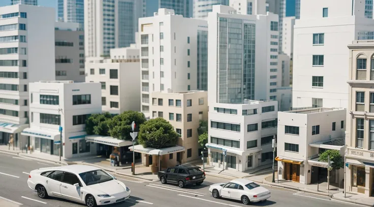 a close-up view of an architects model of a city street. the buildings are all white plastic, and the people and cars are white, generic models