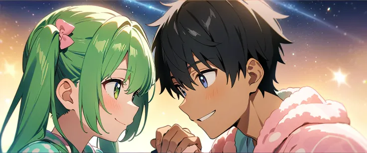 (((masterpiece,Highest quality))),(((A black-haired anime boy in loungewear reaching out in a daze,Anime girl with green hair, twin tails and idol costume stretching her hand with a smile))),((Under a star-filled sky)),A boy and a girl are facing each othe...