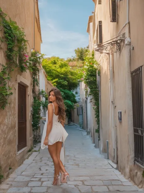 a young woman with light brown hair, walking through an alley in croatia, back facing camera, flowy white dress, high heels, (best quality,4k,8k,highres,masterpiece:1.2),ultra-detailed,(realistic,photorealistic,photo-realistic:1.37), elegant, serene, ambie...