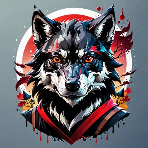 A detailed illustration face evil ninja black wolf, magic, t-shirt design, red color , dark magic splash, dark, ghotic, t-shirt design, in the style of Studio Ghibli, pastel tetradic colors, 3D vector art, cute and quirky, fantasy art, watercolor effect, b...