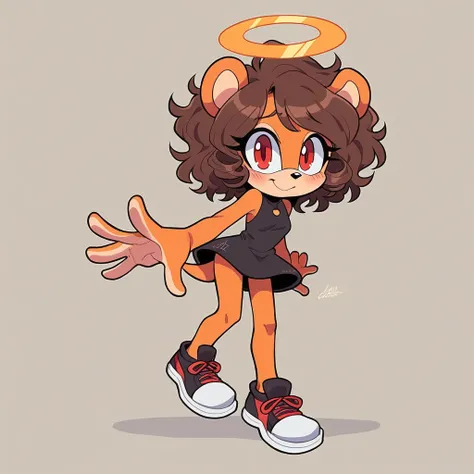 score_9, score_8_up, mobian, solo, hedgehog, two-tone fur ((orange fur, brown fur)), split back puff sleeve dress, high-top sneakers, small breasts, two-tone hair (brown hair, black tip)), curly hair, halo, sunglasses, jewelry, red eyes, longeyelashes, red...