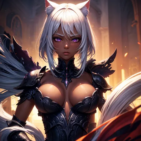 a woman, 1girl, neko, white hair, cat ear, breasts, purple eyes!!!, dark skin!!!, serious face, nude, penis instead of a pussy, sunny, medieval castle town, very sexy body, detailed face, beautiful detailed eyes, beautiful detailed lips, extremely detailed...