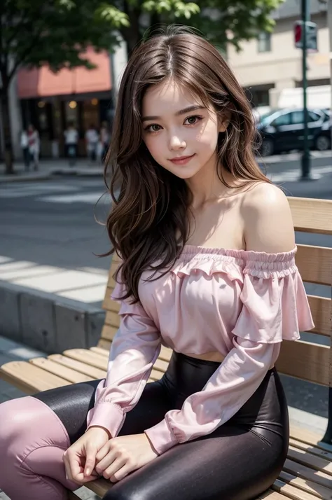 generated a full body of a young woman and short, wavy dark brown hair., medium large breast size, SMILE, sitting on a bench, Wear light pink leggings and a matching silk blouse with a slight off-shoulder design.. Side perspective shows the perfect combina...