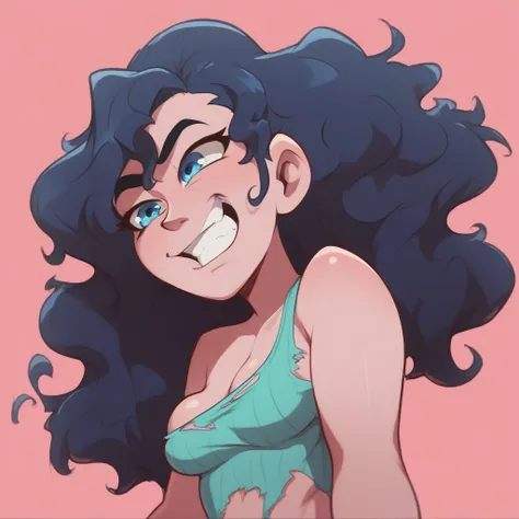 Ralph Bakshi Style, Curvy blue eyed girl with long wavy black hair and small breasts, nudity1.5, (extreme nsfw)2.5, torn tanktop, (tits out)1.5, lewd