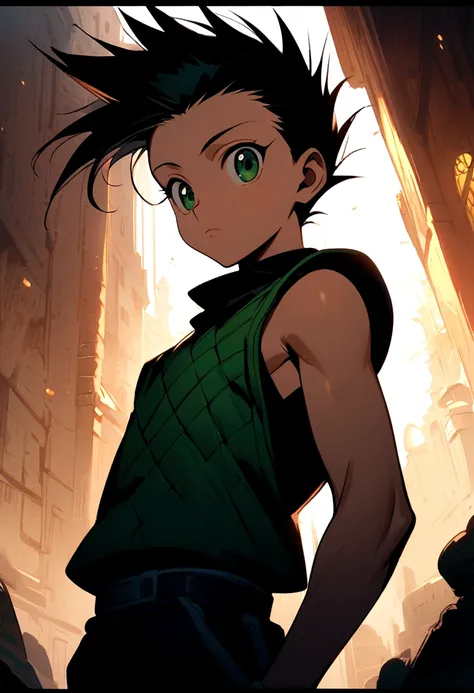 14 year old boy with black mohawk hair with shaved sides and green eyes wearing a black sleeveless shirt in hunter x hunter manga style