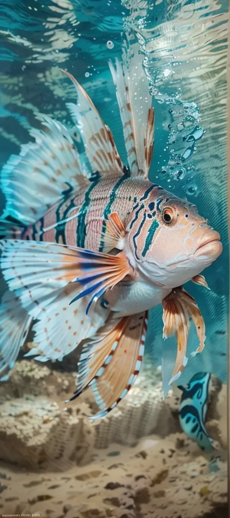 there is a fish that is swimming in the water, exotic fish, lion fish, colorful fish, tropical fish, full of colors and rich detail, close-up!!!!!!, deep sea fish, king of the sea, vibrant colors hyper realism, by Mandy Jurgens, airbrush art, ralph horsley...