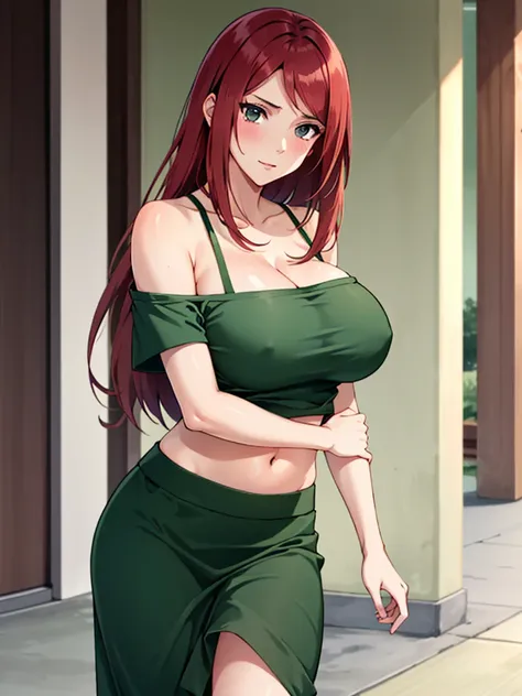 Uzumaki_kushina,huge breasts, beautiful face:1.3,butt hole,navel, cleavage ,bellybutton,off the shoulder:1.8,body facing front,full body shot,standing straight, medium greenskirt,black t-shirt:off shoulder,green shirt 