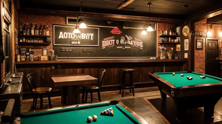 motoboy bar from a small city, bar pov, there is a dart arrow on the ceiling, one pool table in the corner, rock n roll references in the decoration. in the wall, there is a draw of a old guy showing the middle finger and write "GAUDERIOS". wide view, no p...