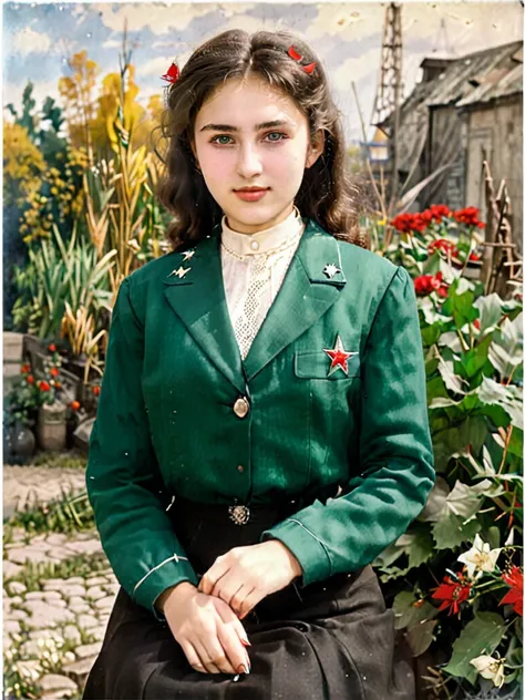 Slavic girl, Age 17-18 years, Soviet Union, Year 1939,   Nonna, She is a tall young woman., beautiful, and elegant, She has dark brown hair., straight and long to the back, The upper part has a small bouquet., middle,  light blue eyes, and big breasts, The...