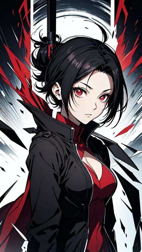 anime woman with short black hair and red eyes .