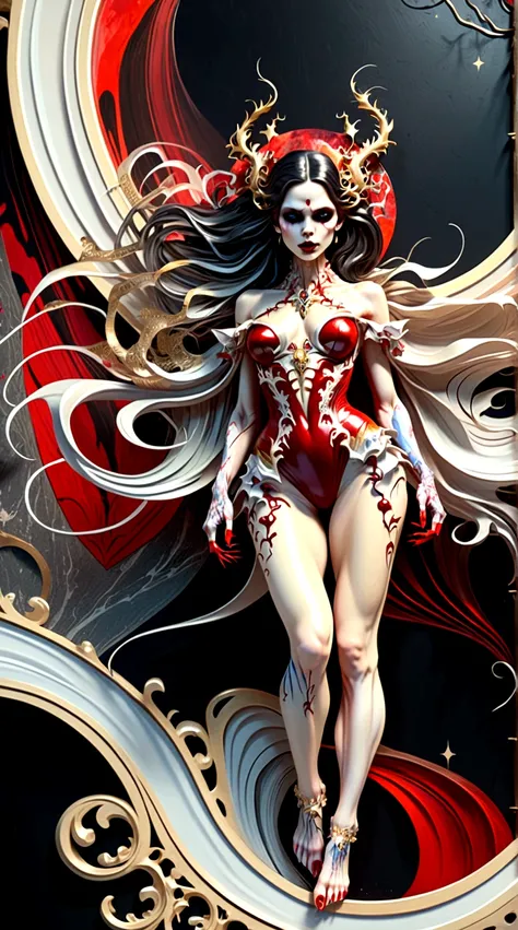 a beautiful illustration of a vampire woman made from an abstract marble texture, with colors of black, red and gold, highly detailed, intricate design, marble material, BY Anne Bachelier,