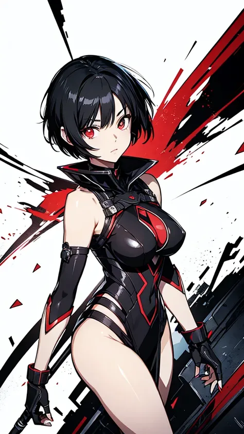 anime woman with short black hair and red eyes .