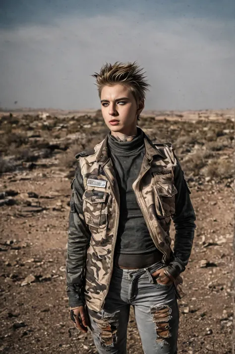 masterpiece, portrait of a beautiful 15-year-old russian girl in a post-apocalyptic desert, punk blonde with short hair, shaved ...