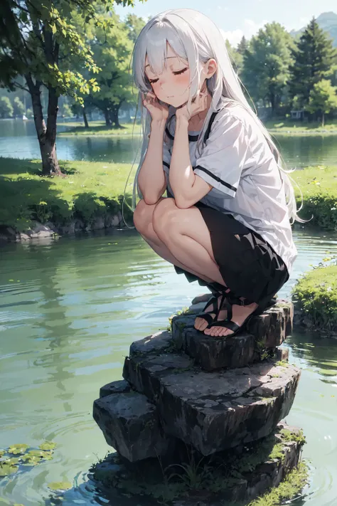 deep forest, (mysterious girl, white long hair:1.4), (squat on rock in lake:1.3), hands on lake 
surface, detailed face, closed eyes, on lake in forest, full body, panorama view, magnificent view, absurdres, 8k, detailed plants