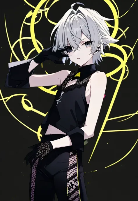 Anime 4K Art, Elfo, murderous, masculine, Triangular Chin, Tall imposing, Light Silver Hair, Black eyes with yellow circle, Ray Makeup on the Right Eye, Do Him Wearing a Tight Black Sleeveless Clothe with Transparent Lace on the Abdomen, black fingerless g...