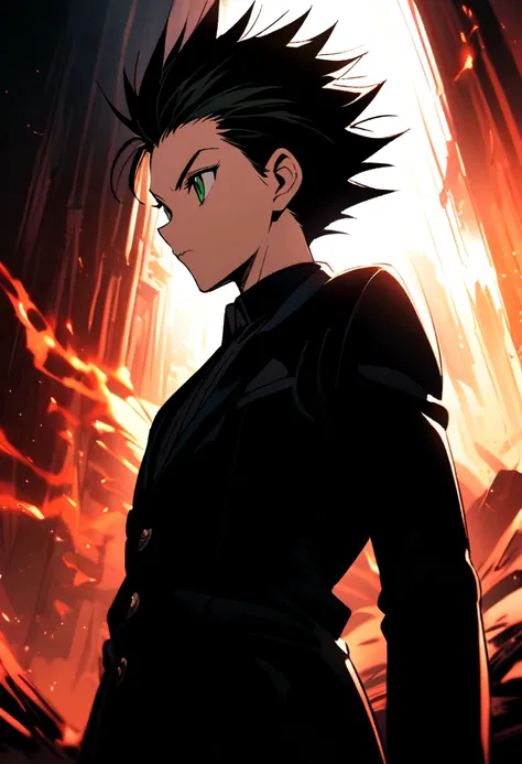 14 year old boy with black slicked back hair and green eyes wearing a black mafioso suit in hunter x hunter manga style