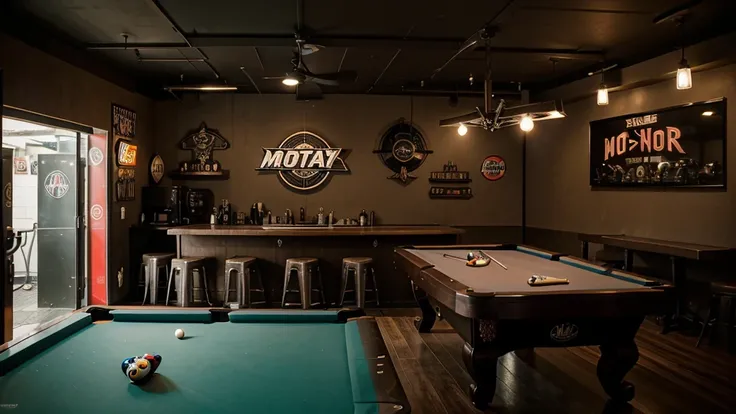 motoboy bar from a small city, bar pov, there is a dart arrow on the ceiling, one pool table in the corner, rock n roll references in the decoration. wide view, no people, ultrarealistic