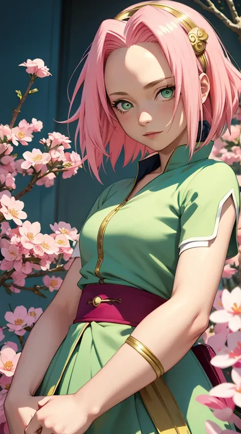 Sakura Haruno, girl, pink hair, green eyes, white dress, long fluffy, with gold decorations, flower garden