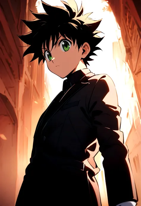 14 year old boy with black short messy hair and green eyes wearing white gloves and a black mafioso suit in hunter x hunter mang...