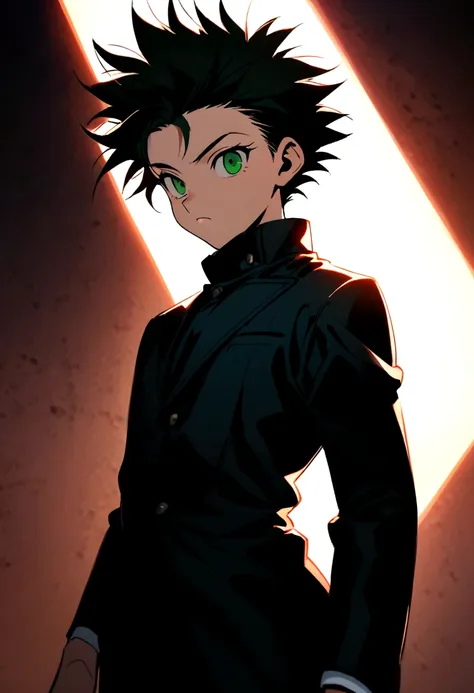 14 year old boy with black messy hair with shaved sides and green eyes wearing a black mafioso suit in hunter x hunter manga sty...