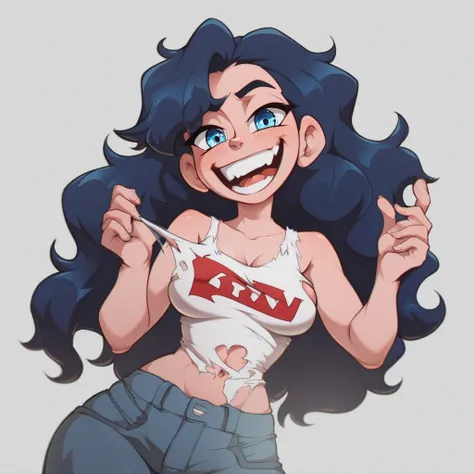 Ralph Bakshi Style, Curvy blue eyed girl with long wavy black hair and small breasts, nudity1.5, (extreme nsfw)2.5, torn tanktop, (tits out)1.5, lewd