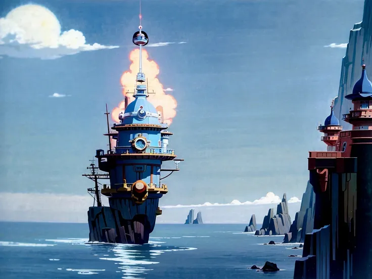 dvd screengrab from studio ghibli movie, beautiful seaside steampunk observatory, clouds on blue sky, designed by hayao miyazaki...