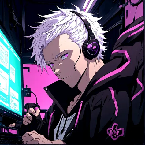 (anime style) 1 man, alone man, young man, white skin, purple eyes, short white hair, with headphones, black hoodie, using the c...