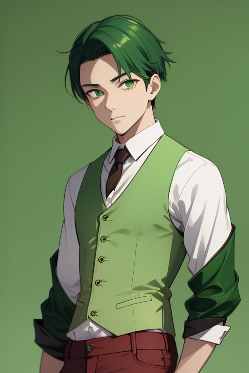 Handsome Japanese boy, green hair, faded cut, slim build, strong green eyes, short-sleeved vest, neo green shirt with slime print, red green jeans, green background