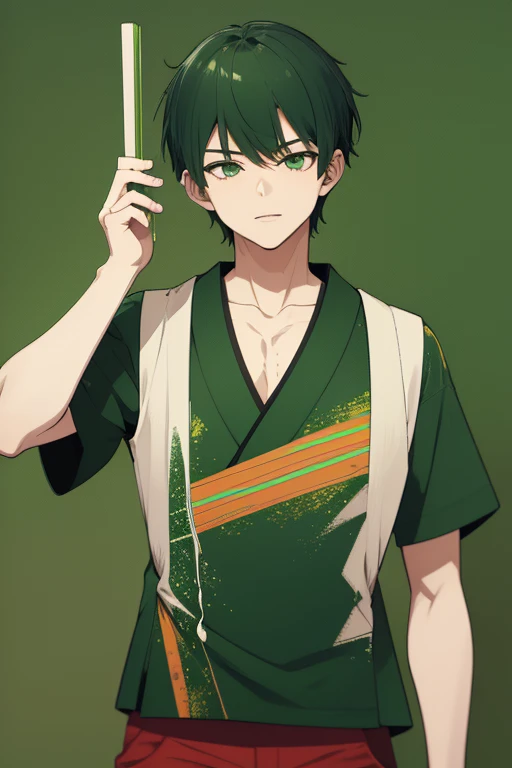 Handsome Japanese boy, green hair, faded cut, slim build, strong green eyes, short-sleeved vest, neo green shirt with slime print, red green jeans, green background