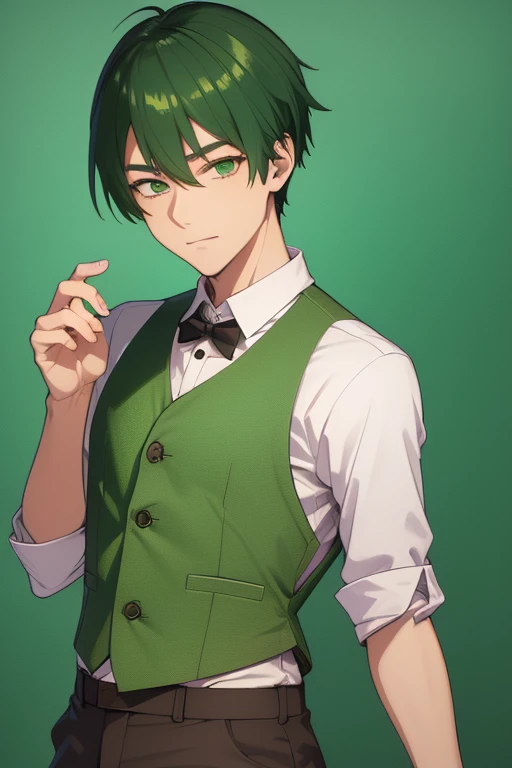 Handsome Japanese boy, green hair, faded cut, slim build, strong green eyes, short-sleeved vest, neo green shirt with slime print, red green jeans, green background