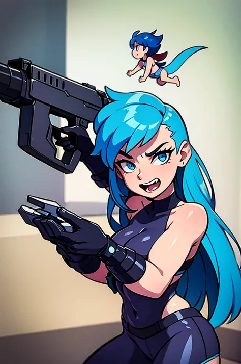 blue-haired fairy shoots her enemy in a very futuristic city