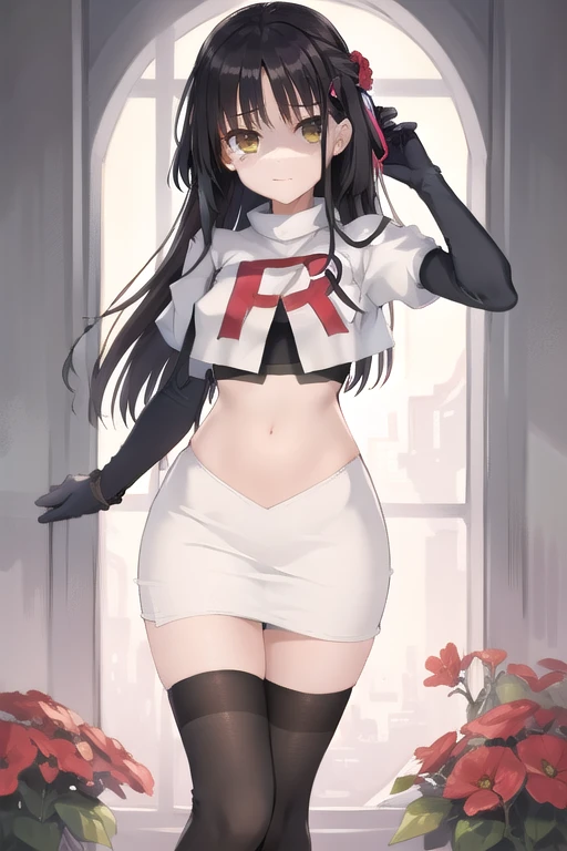 solo, natsume, black hair, yellow eyes, long hair, hairclip, hair ribbon, mole under eye, hair flower, red flower, team rocket,t...