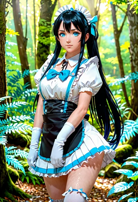 character female, nude with long black hair and blue eyes, Hestia, twintails, white gloves, art style anime moe, a sexy maid in a magical forest, short skirt, wide hips, hands on hips, aqua from konosuba, anime girl, full body, enhaced, cinematic, 8K
