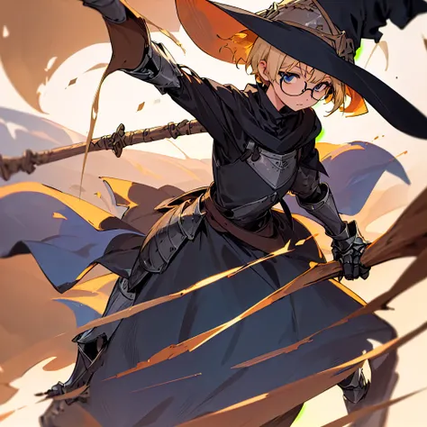 One girl, short blonde hair, blue eyes, thin rimmed glasses, witch, and witch dress. 
One man, knight armor, tan man, short black hair, brown eyes, black short beard. 